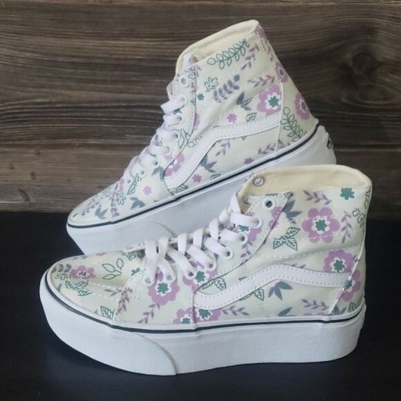 New Vans Sk8‎ Hi Tapered Stacked Pastel Floral White Purple High Top Platforms - Picture 2 of 9